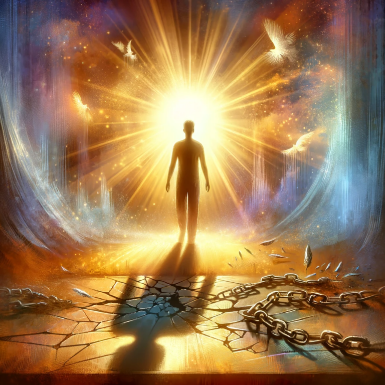 DALL·E 2024 01 11 15.55.51 The Image Depicts A Symbolic Representation Of A Person Finding Freedom From Trauma And PTSD Following Hypnotherapy. In The Foreground A Serene Indiv